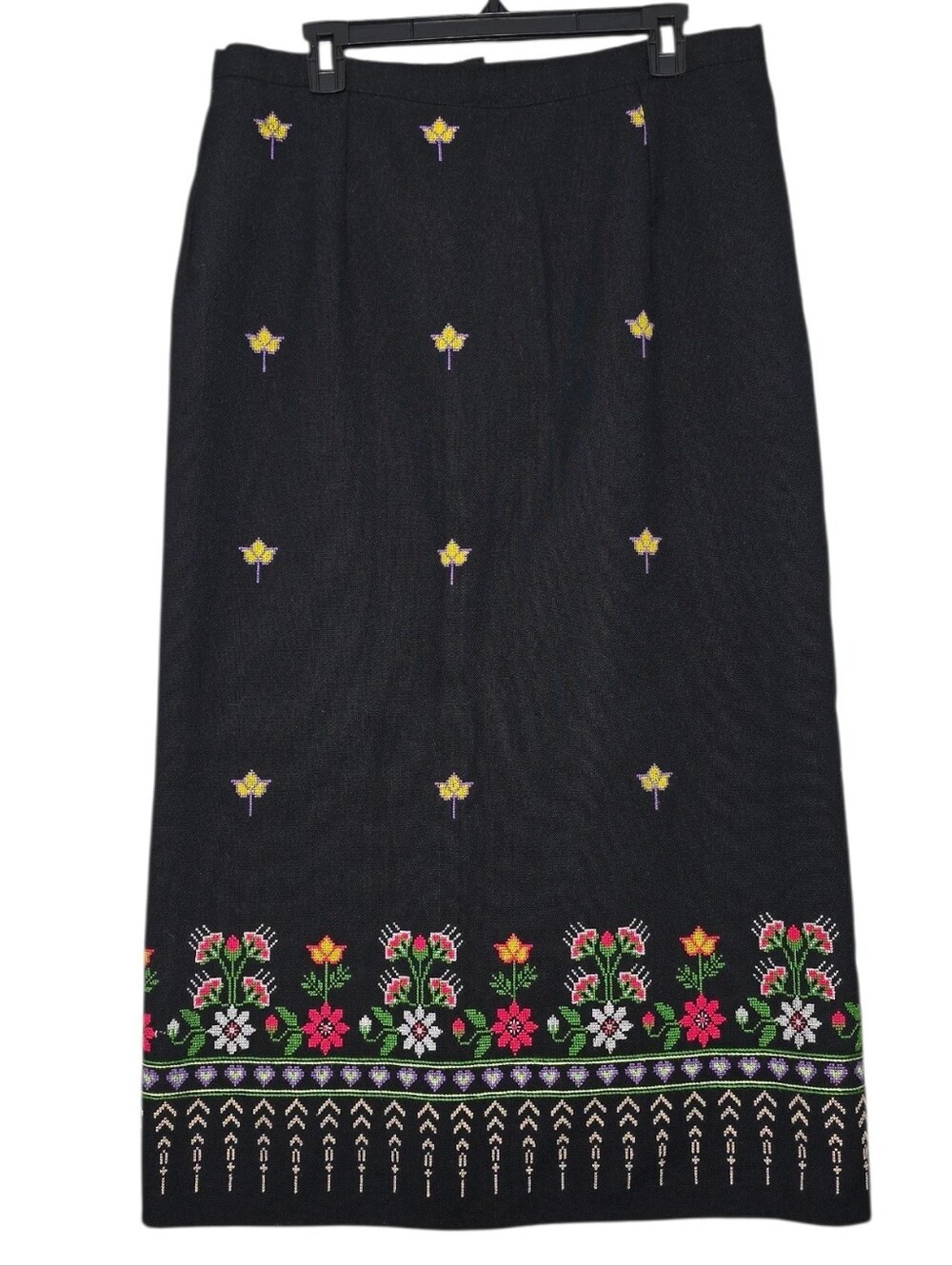 Vintage Folk Embroidered Midi Skirt Black Cross Stitch Floral Boho Maxi A-Line